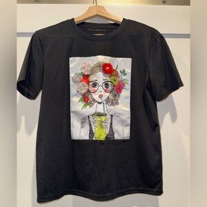 SHEIN Black Tee with Artistic Floral Design